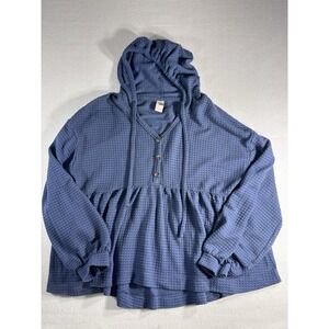 SO Goods For Life Hoodie Large Blue Waffle Knit Babydoll Peplum Henley Pullover